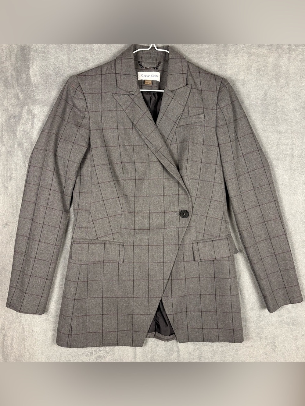 Calvin‎ Klein Plaid Blazer Jacket Womens Size 2 Grey Asymmetrical Single Button